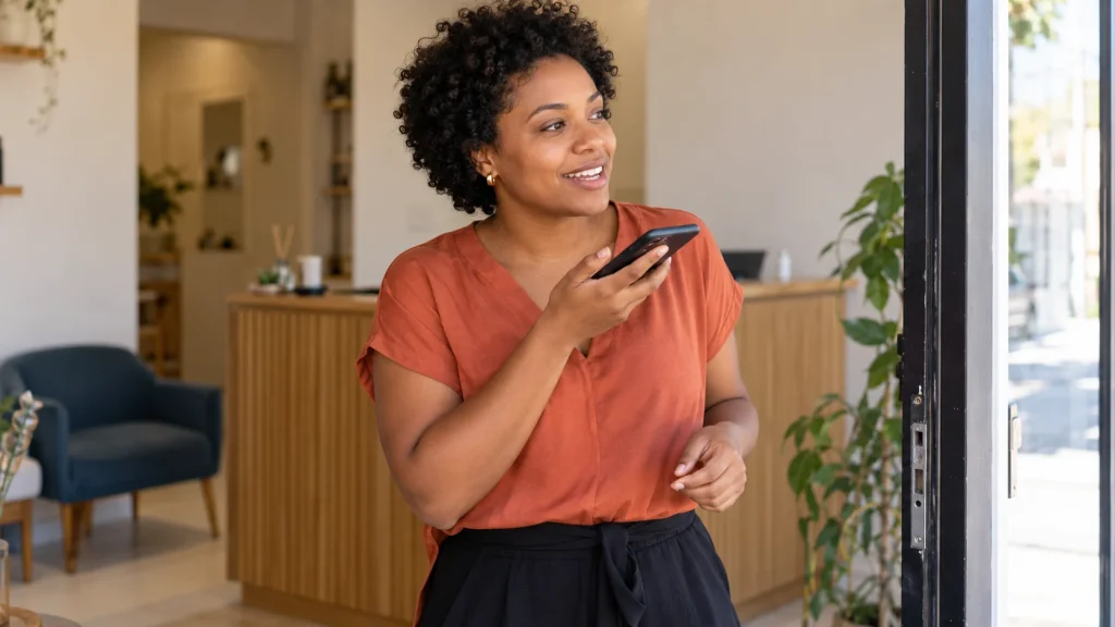 Empresária enviando uma mensagem pelo celular na recepção do seu negócio