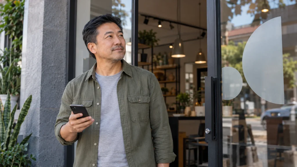 Empreendedor consultando o celular próximo à entrada do seu negócio