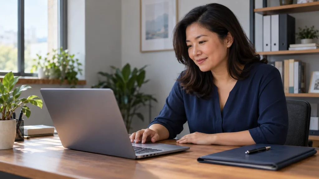 Empresária consultando o notebook no escritório do próprio negócio